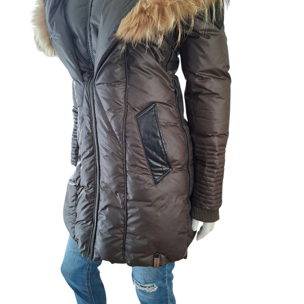 Rudsak Feathers Down Leather Women's Winter Coat Real Fur khaki brown - Picture 5 of 16